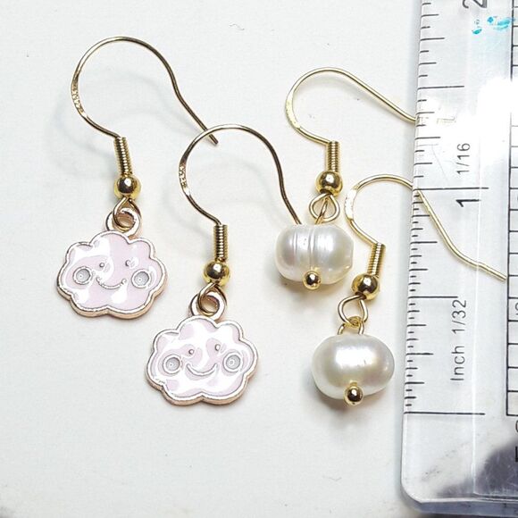 Boho Earrings  127# Freshwater Pearls 2PairSet Goldplate 925 SilverHooksStamp Bo - Picture 3 of 6